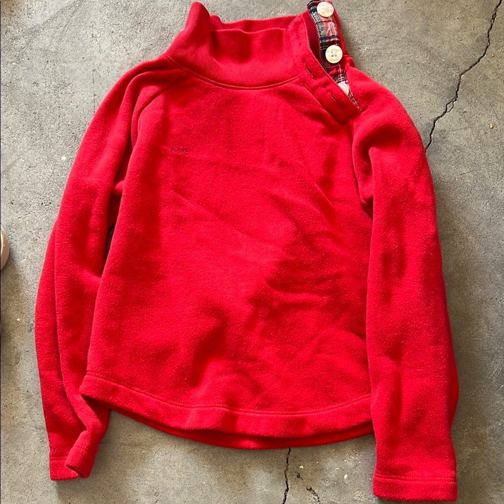 Small kids red crewcuts Sweater with plaid accent around the collar.